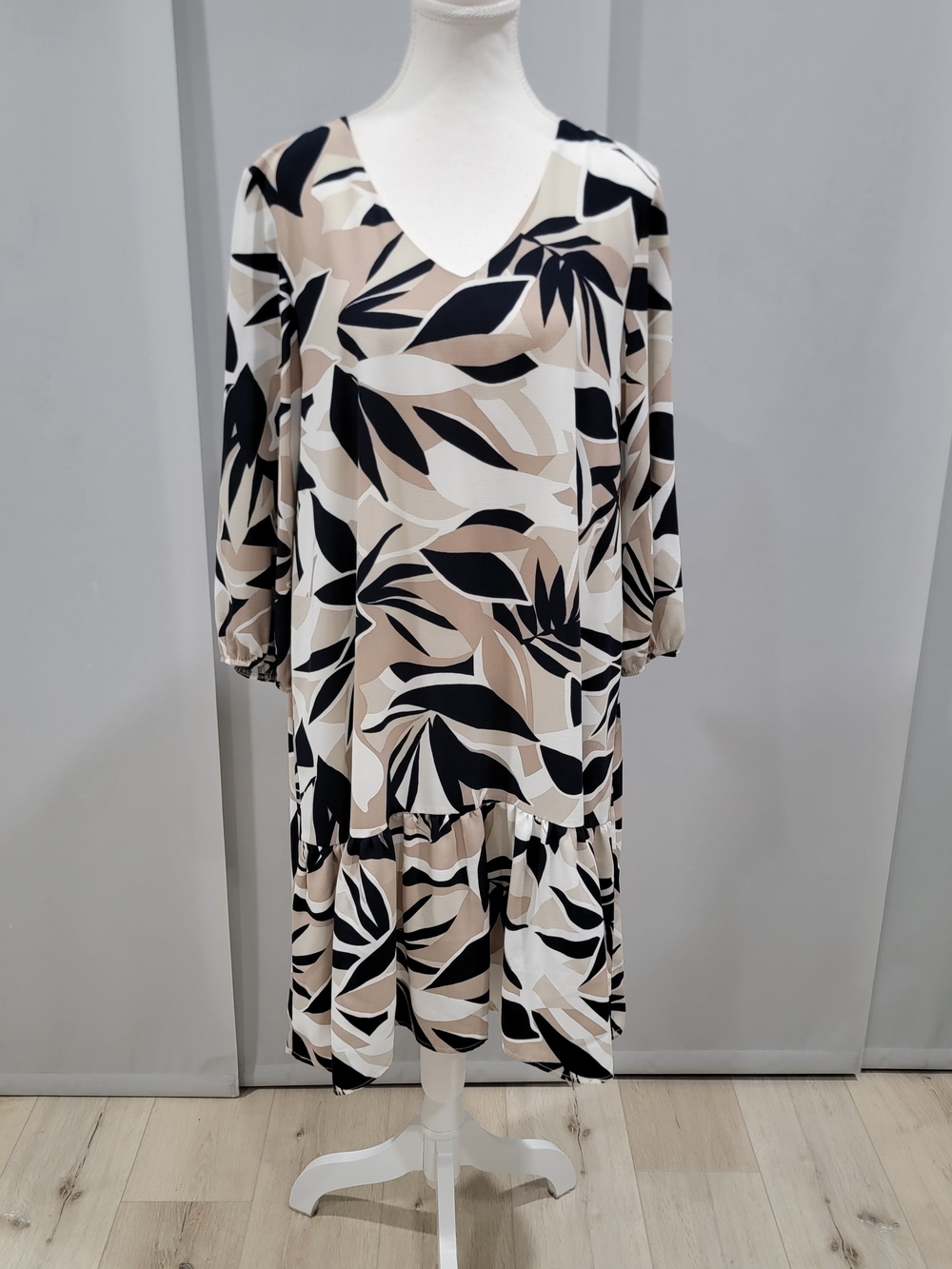 Joseph Ribkoff Beige Black Cream Leaf-Print Midi Dress